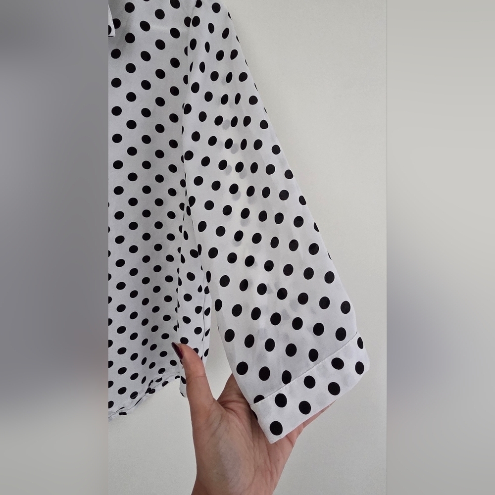 Mandee White & Black Polka Dot Button-Down Blouse | Collared | 3/4 Sleeves | M - Picture 7 of 11